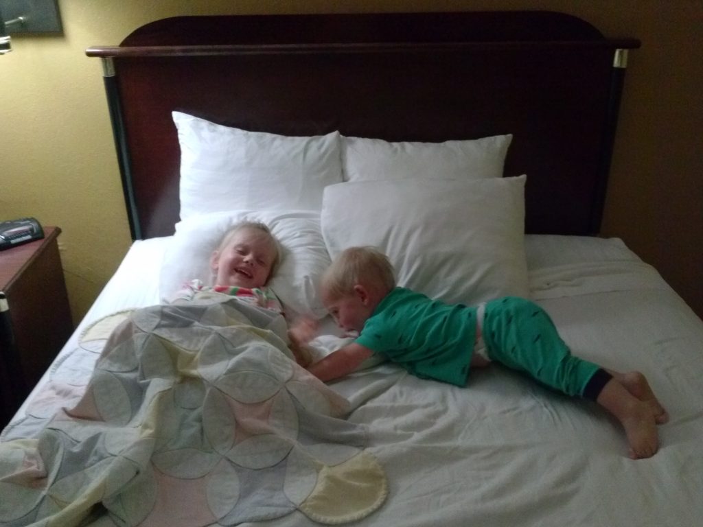 Fay and Carter enjoying our hotel room in Georgia! (Fay LOVES hotel rooms!)