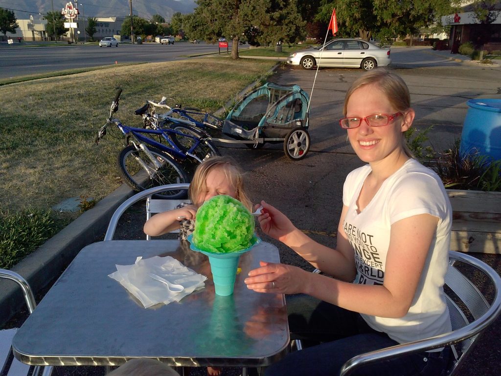 We rode our bikes to a shave ice place down the street! Fay dropped the whole thing about 35 seconds after this picture was taken. :)