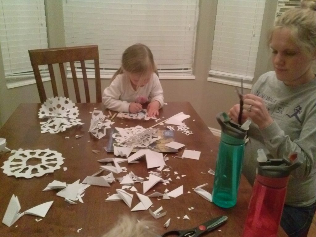 We made snow-flakes for family party at Fay's request!