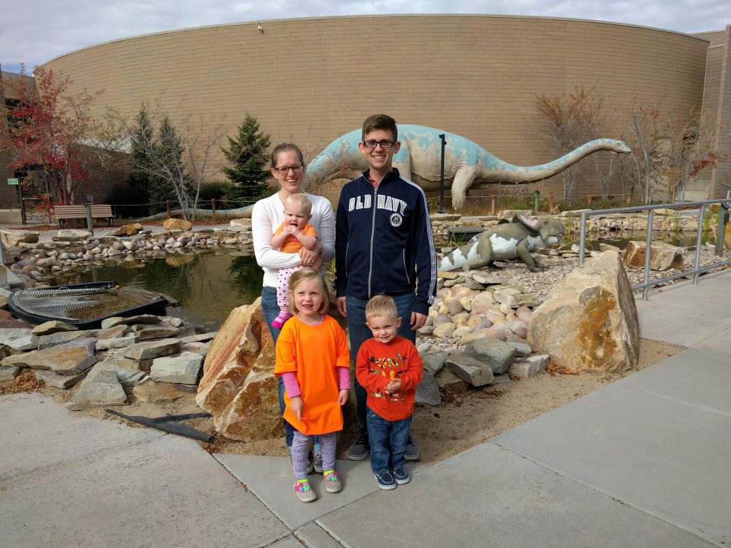 This is us outside the dinosaur kid museum. The kids all got orange shirts!