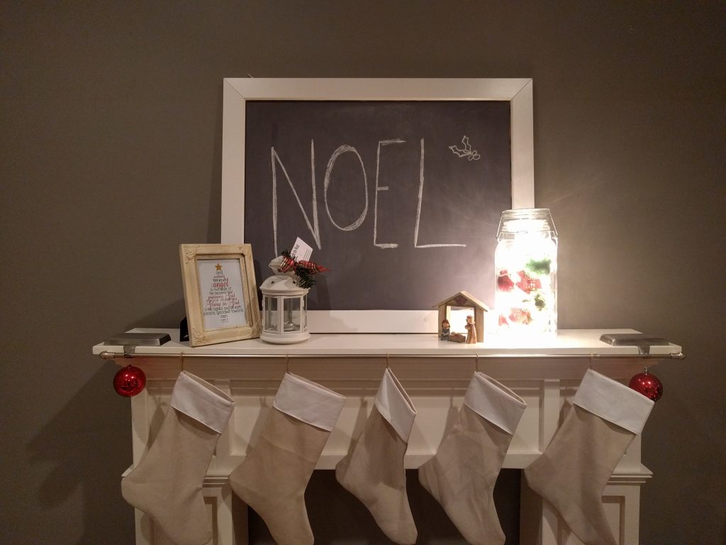 My mantel. I wanted matching stockings, so I made them out of sheets Mother gave me! 